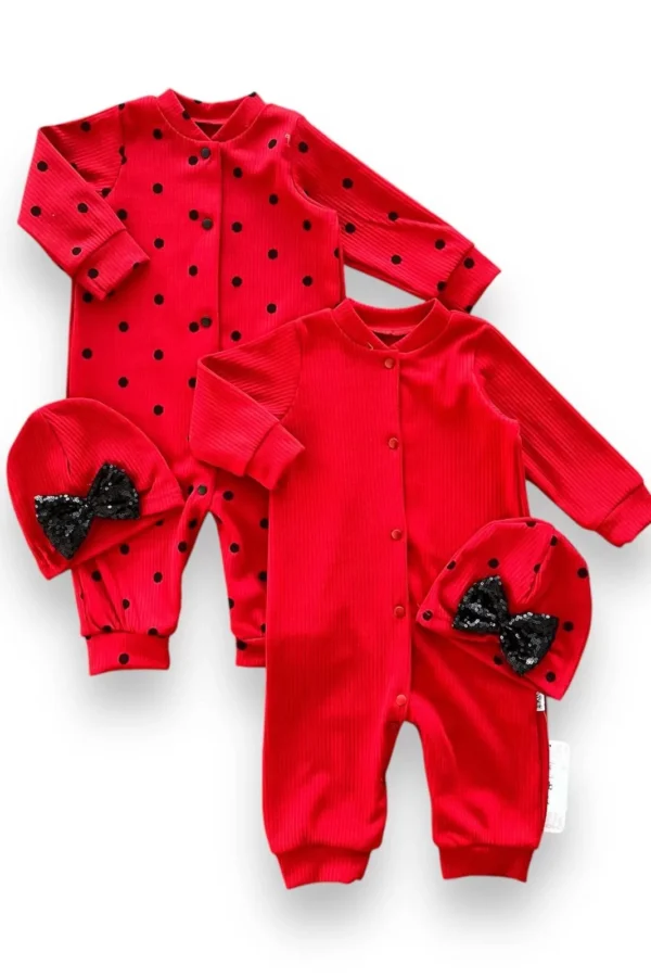 0-3 3-6 6-9 Ay Payetli Şapka Çıtçıt Kapamalı Puantiyeli Ve Düz 2 Li Kombin Kız Bebek Tulumları Kırmızı