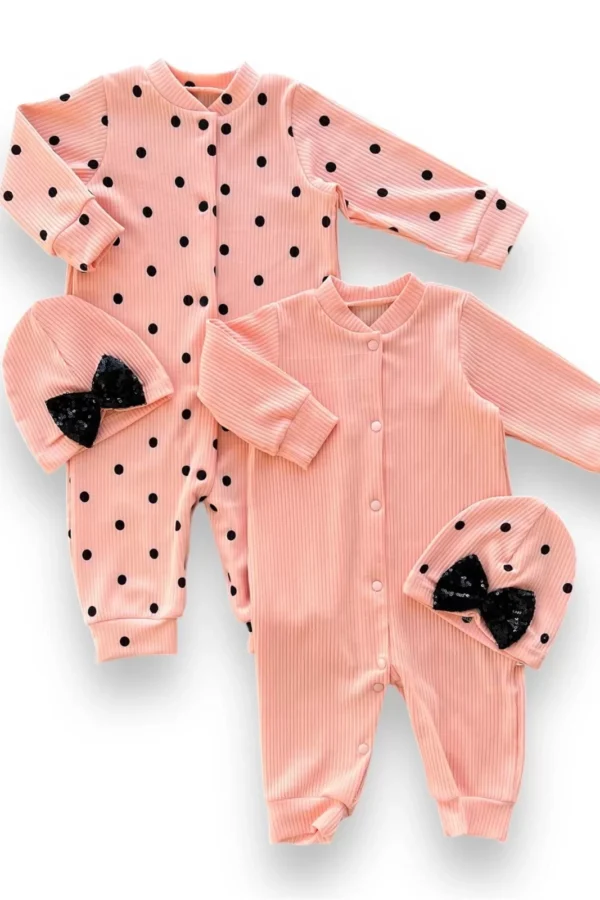 0-3 3-6 6-9 Ay Payetli Şapka Çıtçıt Kapamalı Puantiyeli Ve Düz 2 Li Kombin Kız Bebek Tulumları Somon