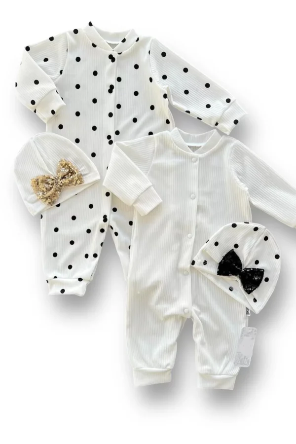 0-3 3-6 6-9 Ay Payetli Şapka Çıtçıt Kapamalı Puantiyeli Ve Düz 2 Li Kombin Kız Bebek Tulumları Beyaz