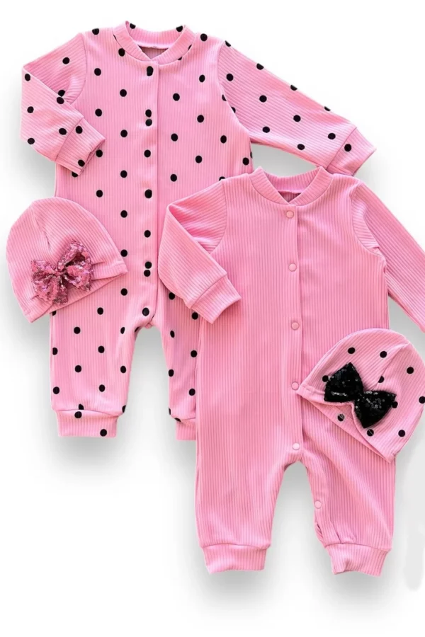 0-3 3-6 6-9 Ay Payetli Şapka Çıtçıt Kapamalı Puantiyeli Ve Düz 2 Li Kombin Kız Bebek Tulumları Pembe