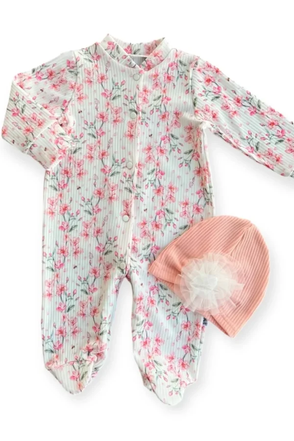 0-3-6-9 Ay Çiçek Baskılı Tam Boy Çıtçıtlı Patikli Güllü Boneli Kız Bebek Tulumu