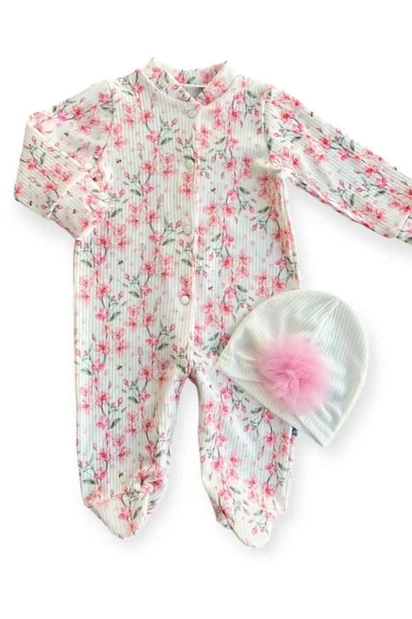 0-3-6-9 Ay Çiçek Baskılı Tam Boy Çıtçıtlı Patikli Güllü Boneli Kız Bebek Tulumu Ekru