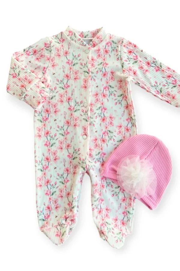 0-3-6-9 Ay Çiçek Baskılı Tam Boy Çıtçıtlı Patikli Güllü Boneli Kız Bebek Tulumu Pembe