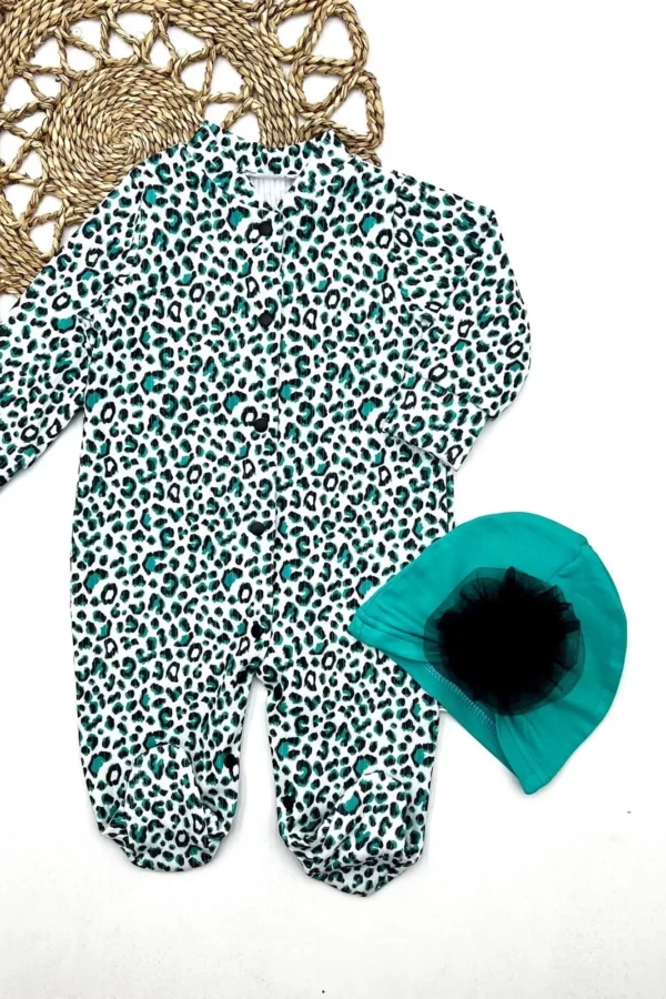 0-3-6-9 Ay Leopar Baskılı Tam Boy Çıtçıtlı Patikli Güllü Boneli Kız Bebek Tulumu Turkuaz