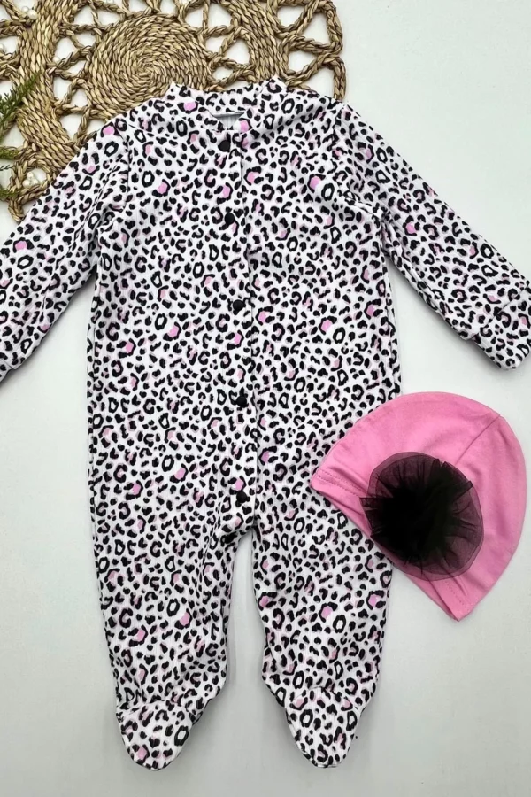 0-3-6-9 Ay Leopar Baskılı Tam Boy Çıtçıtlı Patikli Güllü Boneli Kız Bebek Tulumu Pembe