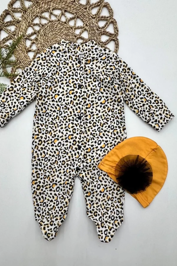 0-3-6-9 Ay Leopar Baskılı Tam Boy Çıtçıtlı Patikli Güllü Boneli Kız Bebek Tulumu Turuncu