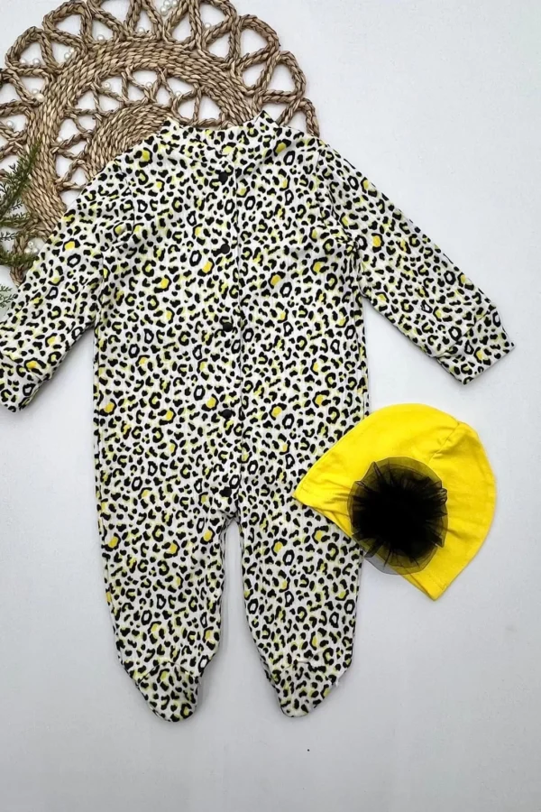 0-3-6-9 Ay Leopar Baskılı Tam Boy Çıtçıtlı Patikli Güllü Boneli Kız Bebek Tulumu Sarı