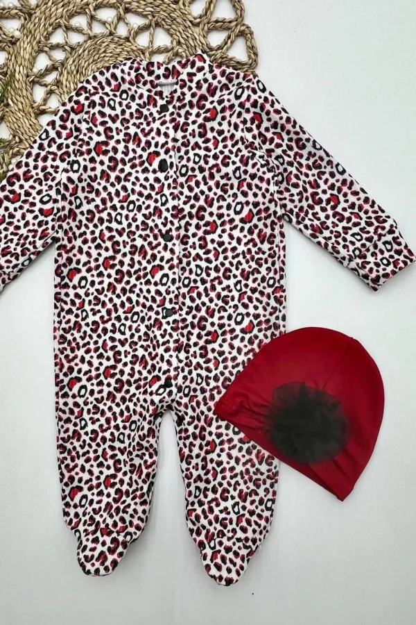 0-3-6-9 Ay Leopar Baskılı Tam Boy Çıtçıtlı Patikli Güllü Boneli Kız Bebek Tulumu Bordo