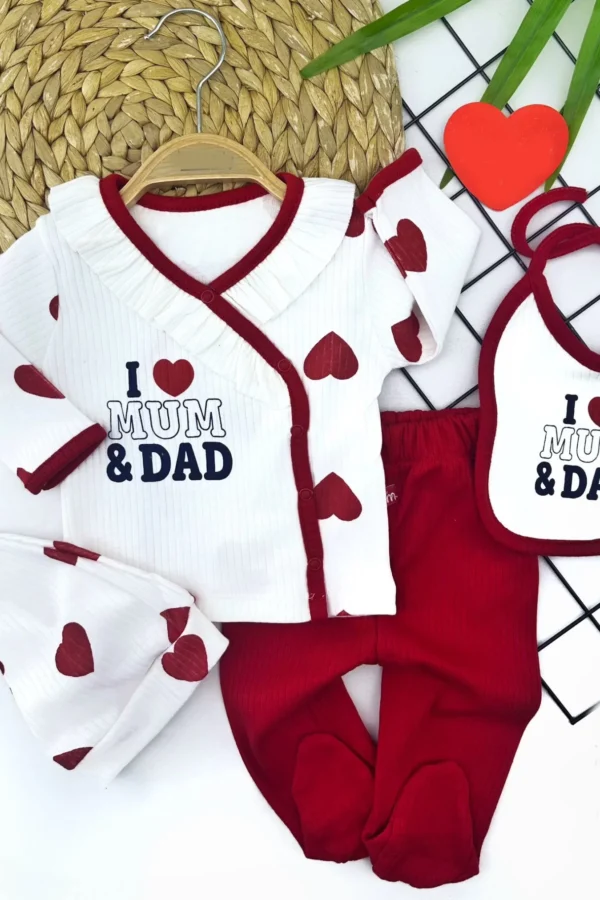 0-3 Ay I Love Mum&dad Yazılı Kalp Baskılı Ölüklü Ve Şapkalı 4lü Hastane Çıkışı Kız Erkek Bebek Takımı
