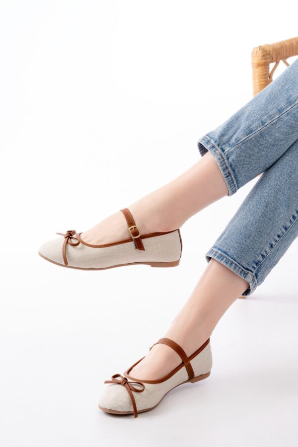 6321 Bej Keten Günlük Baret Tokalı Bayan Babet