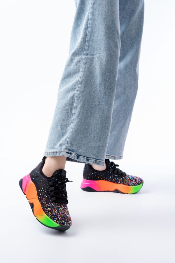 RS-403  Siyah Bağcıklı Fileli Multi Taşlı Renkli Taban Günlük Kadın Spor