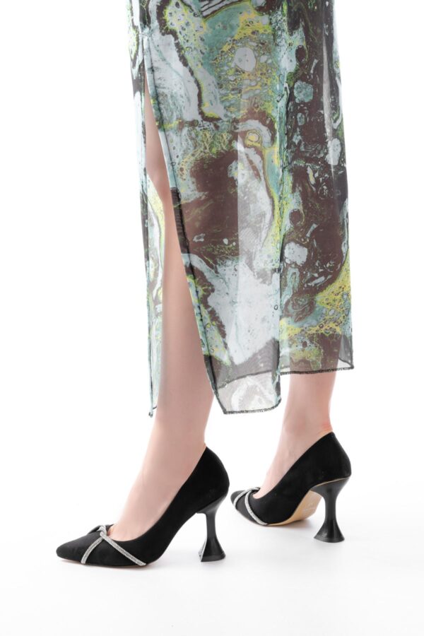 K-10 Siyah Süet Günlük Sarmal Taşlı Topuklu Kadın Ayakkabı