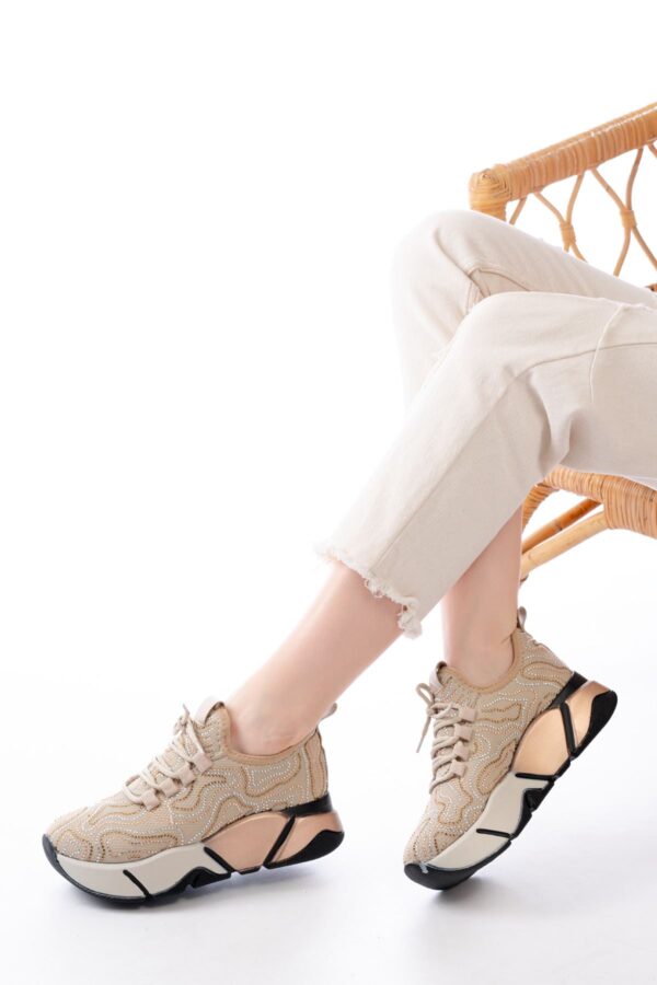RS-402 Bej Bağcıklı Fileli Taşlı Renkli Taban Günlük Kadın Spor