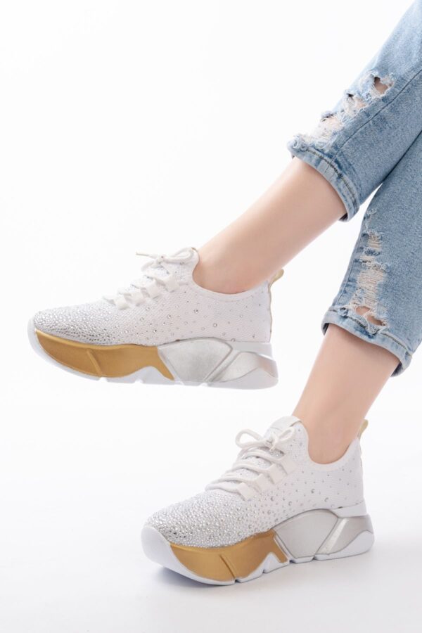 RS-403  Beyaz Bağcıklı Fileli Gümüş Taşlı Günlük Kadın Spor