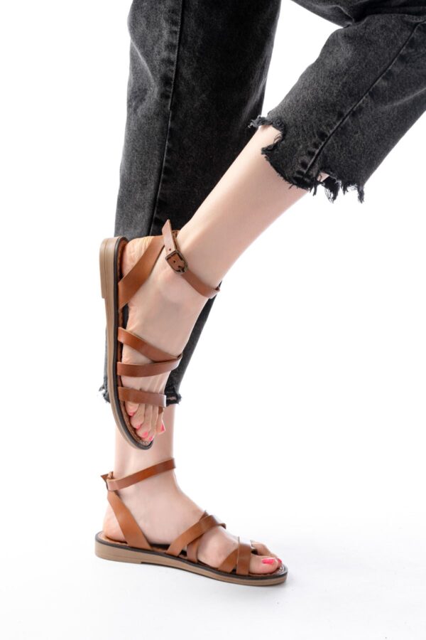 205-209 Taba  Hakiki Deri Tokalı Parmak Arası Kadın Sandalet