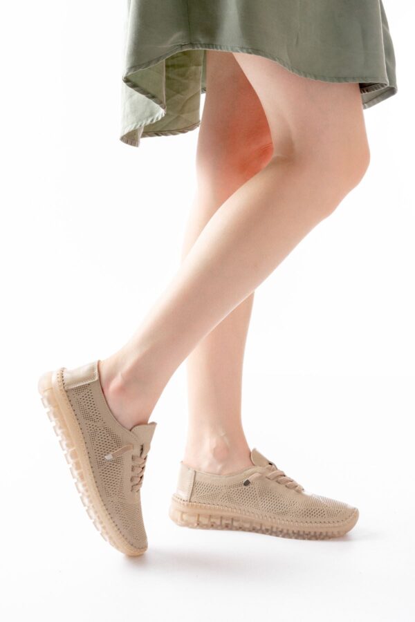 S-365  Bej Desenli Hakiki Deri Şeffaf Taban Kadın Spor Ayakkabı