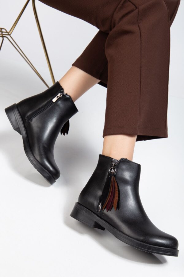 165-205 Siyah Cilt Yaprak Desenli Fermuarlı Günlük Kadın Bot