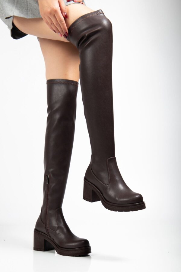 767-3010 Kahve Streç Günlük Kalın Topuklu Kadın Çizme