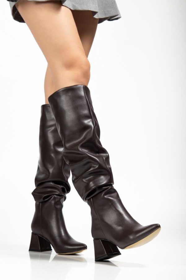 SYT-2002 Kahve Körüklü Kalın Topuklu Günlük Bayan Çizme