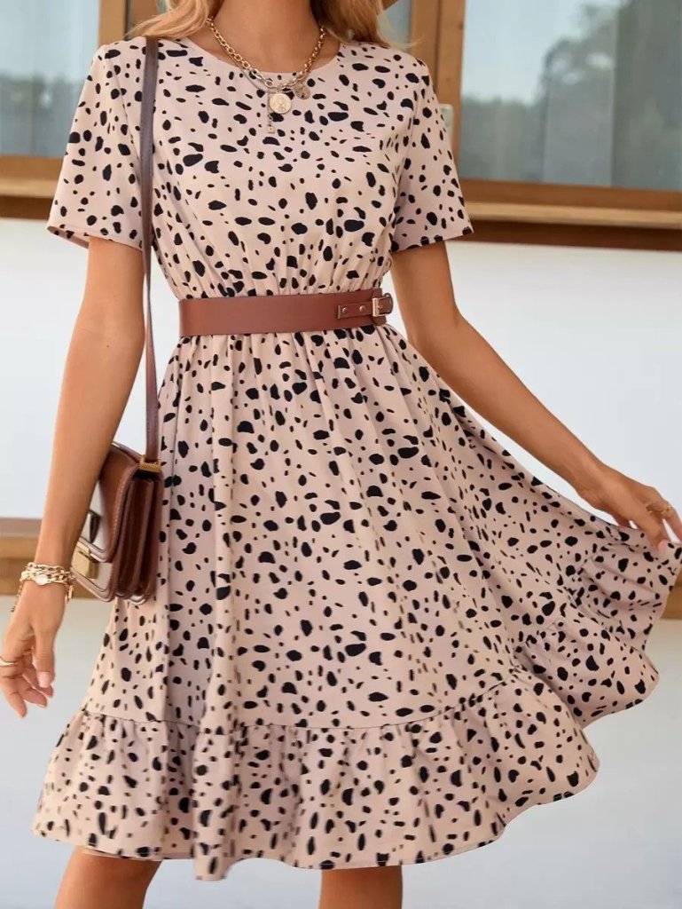 Kadın Kısa Kollu Bisiklet Yaka Desenli Süprem Elbise - Görsel 7