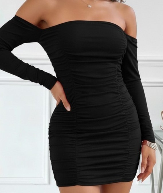 Kadın Uzun Kollu Omuzlardan Açık Takma Kollu Büzgülü Sandy Kısa Elbise - Görsel 2