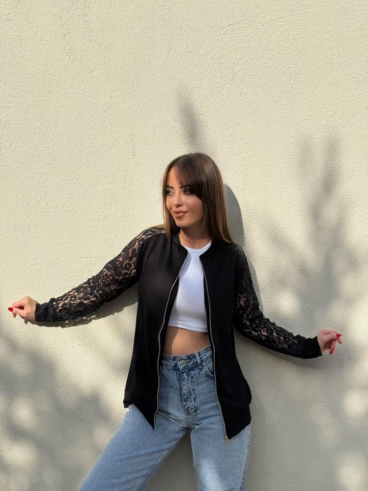 Kadın Uzun Kollu Kolları Dantel Detay önden Fermuarlı Viskon Iki Iplik Ceket - Görsel 4