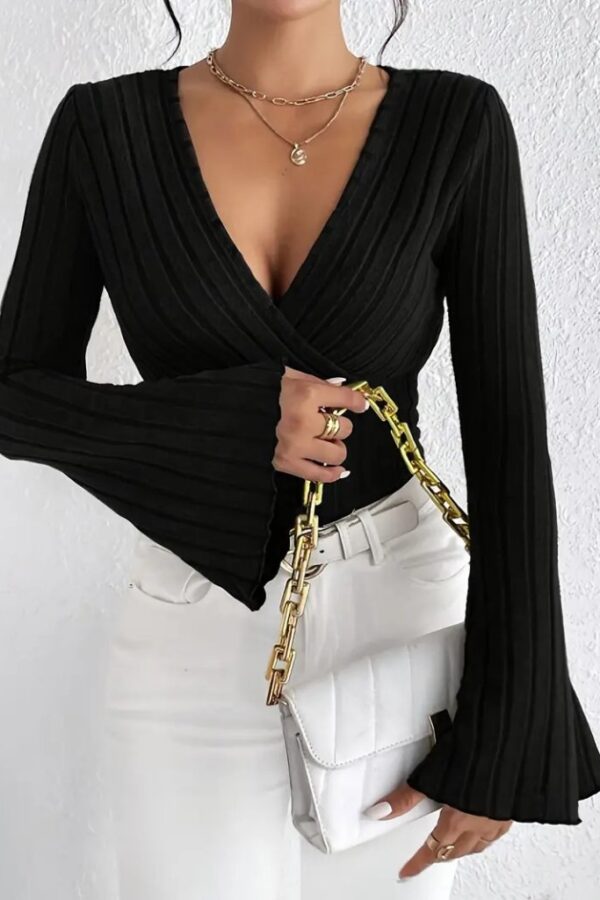 Kadın Uzun Kollu Kruvaze Yaka Kolları Ispanyol şardonlu Kaşkorse Bluz