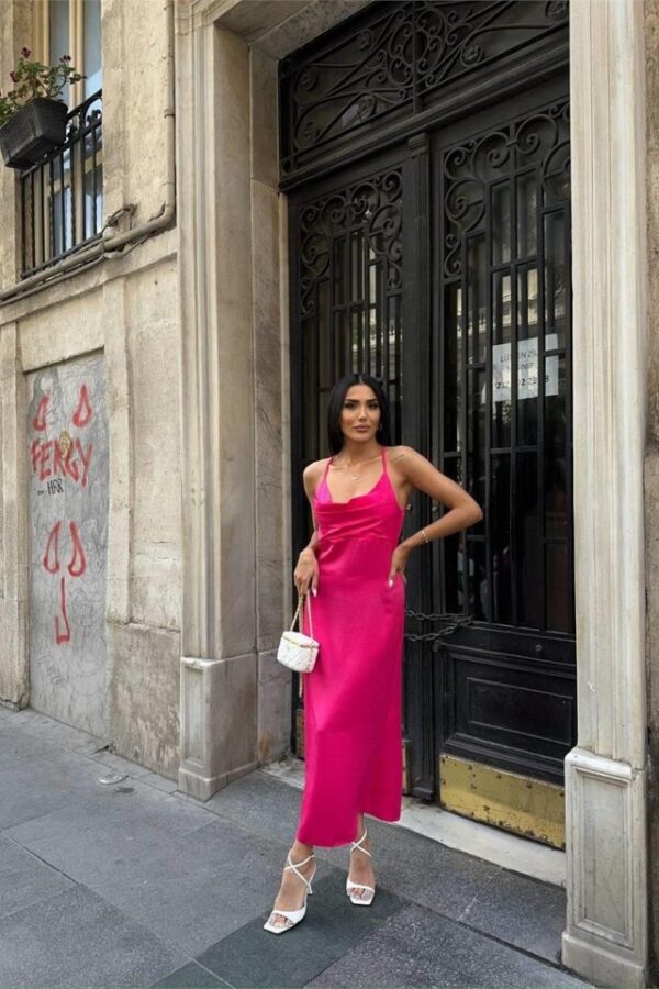 ASKILI SATEN ELBİSE İKİ YAN YIRTMAÇLI - Fuşya