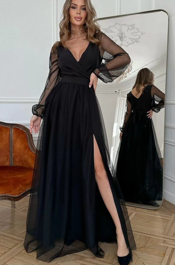 Kadın Uzun Kollu Kruvaze Yakalı Belden Kuşaklı Tüllü Uzun Ithal Krep Elbise