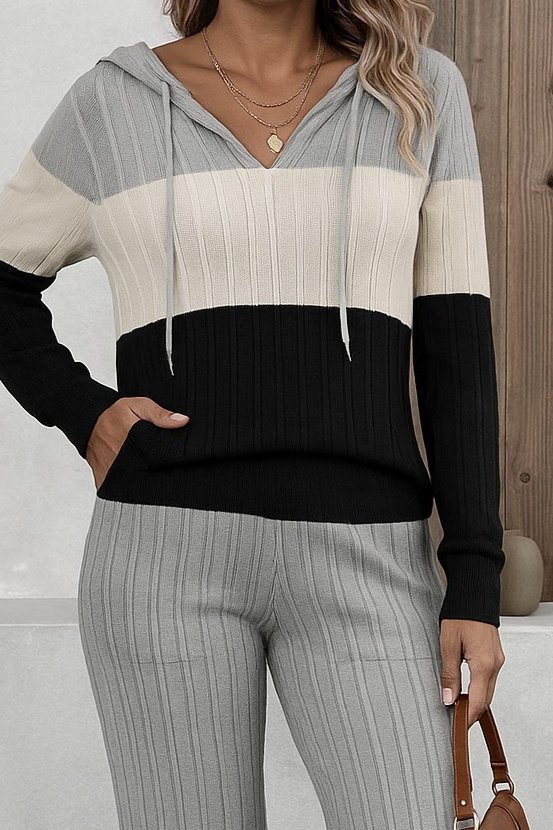 Kadın Uzun Kollu Kapşonlu Bağcıklı Blok Renkli şardonlu Kaşkorse Bluz Ve Pantolon Ikili Takım - Görsel 2