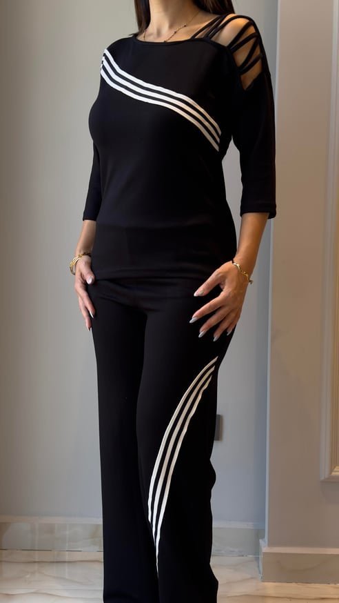 Kadın Uzun Kollu Truvakar Kol Tek Omuz çapraz şerit Detaylı Ribanalı Viskon Iki Iplik Bluz Ve Pantolon Ikili Takım - Görsel 8