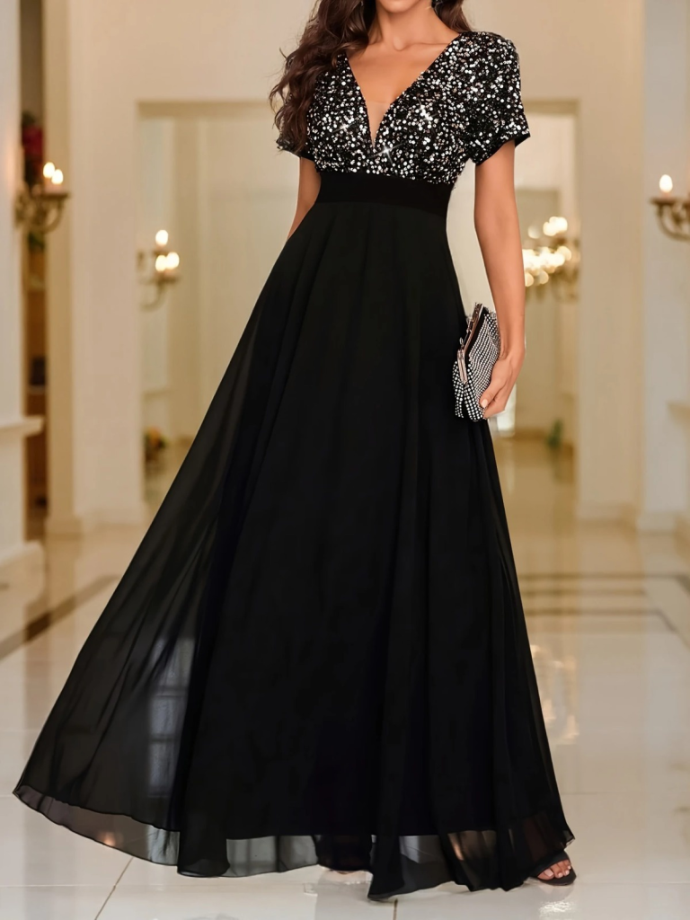 Kadın Kısa Kollu Derin V Yakalı A Kesim Pulpayet Detaylı şifon Nedime Elbisesi - Görsel 3