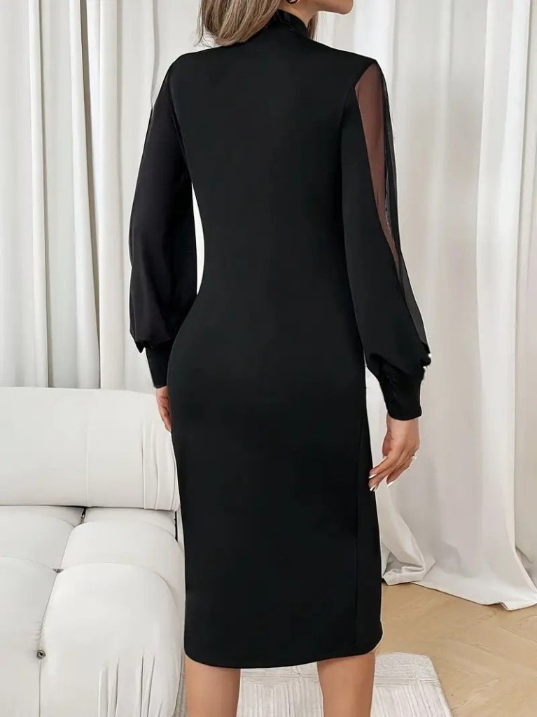 Kadın Uzun Kollu Yarı Balıkçı Yaka Tül Ve Inci Detaylı Kısa Ithal Krep Midi Elbise - Görsel 8