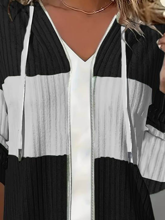 Kadın Uzun Kollu Kapşonlu önden Fermuarlı Blok Desenli şardonlu Kaşkorse Ceket - Görsel 6