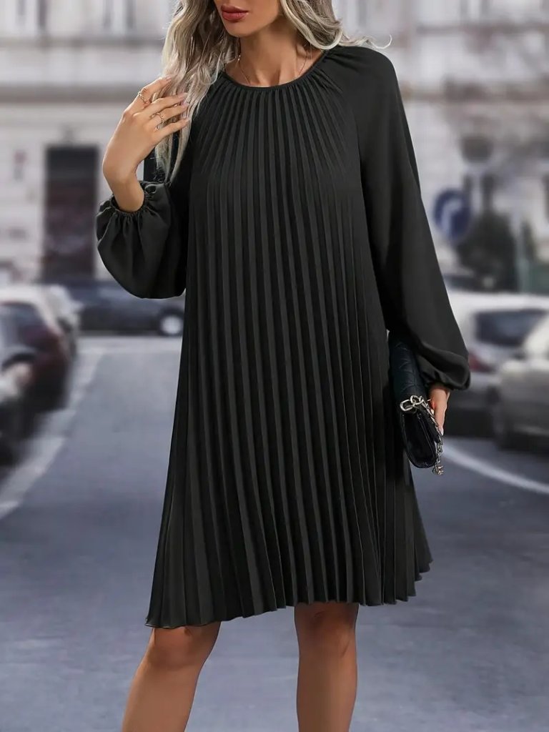 Kadın Uzun Kollu Yuvarlak Yaka Pileli Salaş Mini Ithal Krep Elbise - Görsel 5