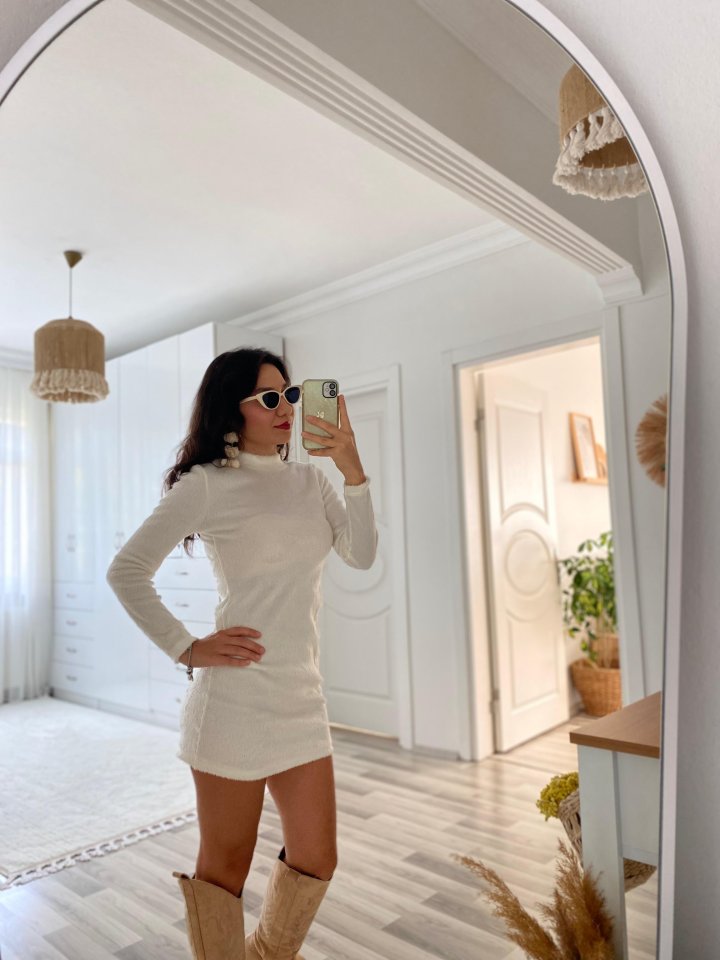 Kadın Uzun Kollu Peluş Mini Boy Elbise - Görsel 6