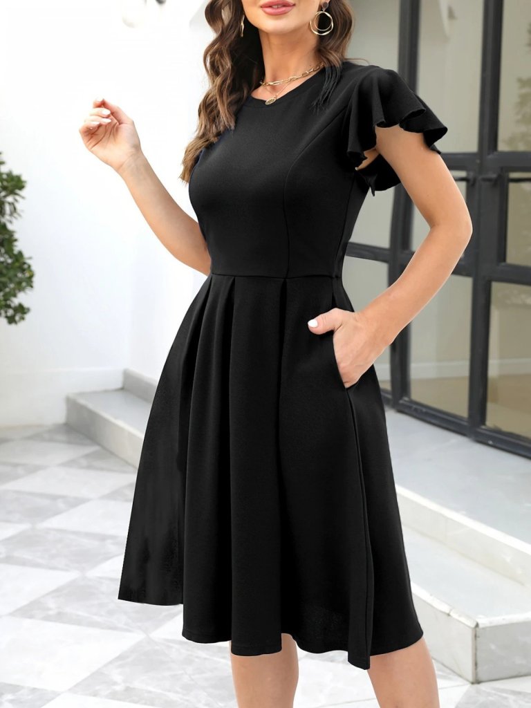 Kadın Kelebek Kollu Bisiklet Yakalı Pileli Ithal Krep Elbise - Görsel 2