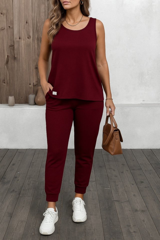 Kadın Askılı Yuvarlak Yaka Viskon Iki Iplik Bluz Ve Eşofman Altı Ikili Takım - Görsel 3