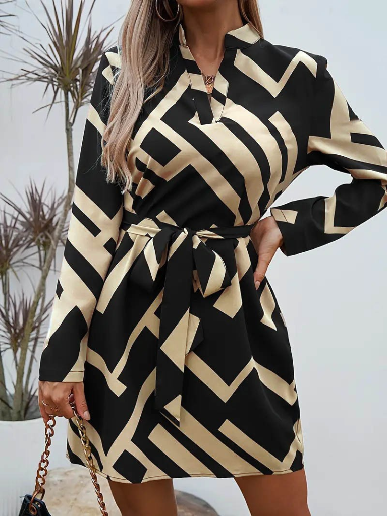 Kadın Uzun Kollu V Yakalı Desenli Belinde Kuşaklı Dalgıç Elbise - Görsel 6