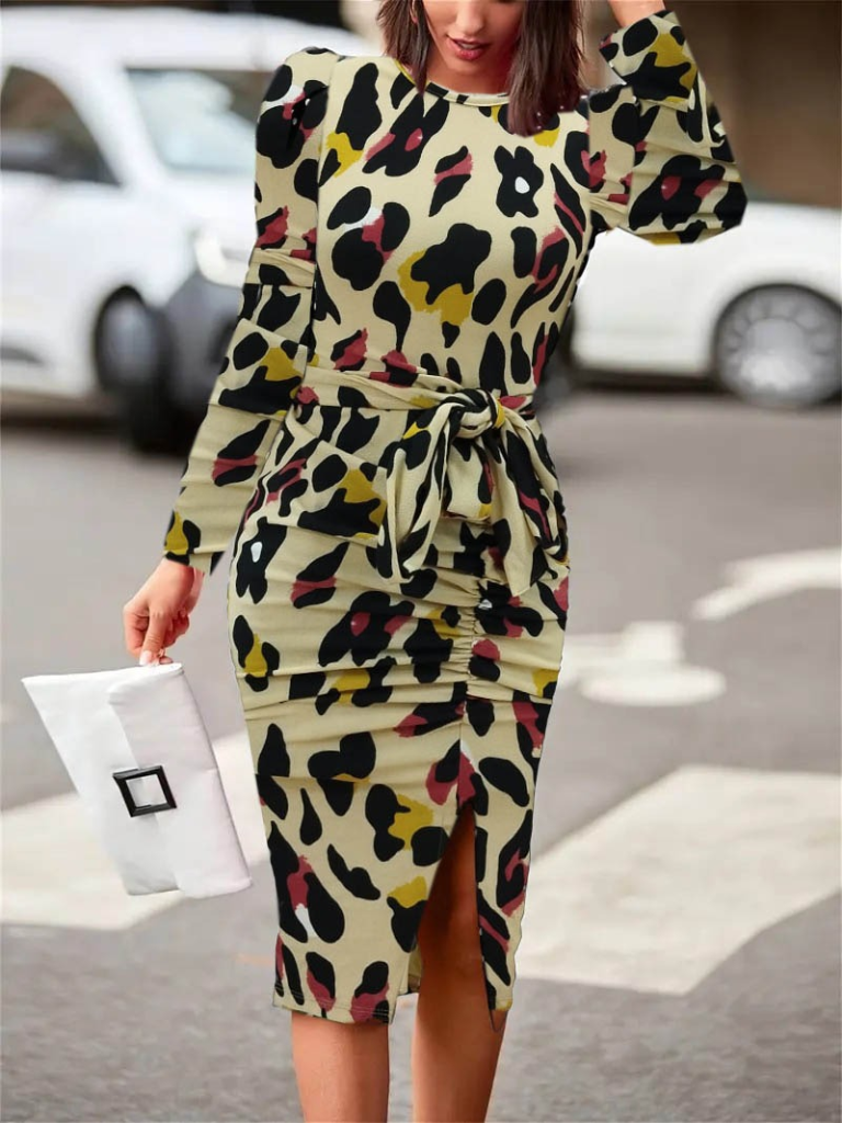 Kadın Uzun Kollu Yuvarlak Yaka Belden Kuşaklı önden Yırtmaçlı örme Krep Elbise - Görsel 5