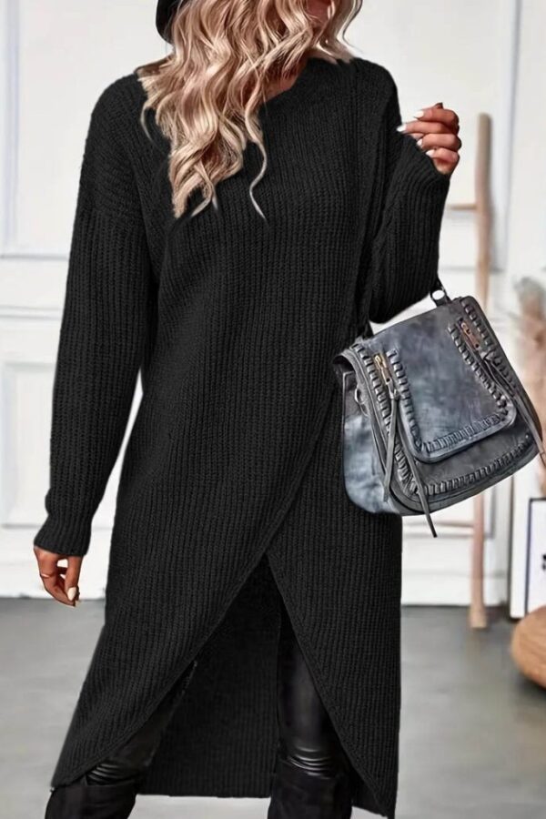 Kadın Uzun Kollu Bisiklet Yakalı önden çapraz Kesim Detaylı Midi Triko Elbise