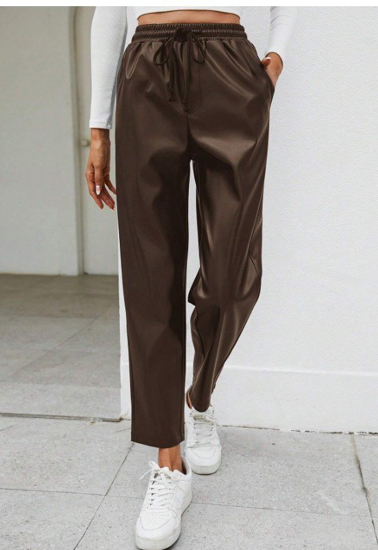 Kadın Yüksel Bel Bağcıklı Deri Pantolon - Görsel 6