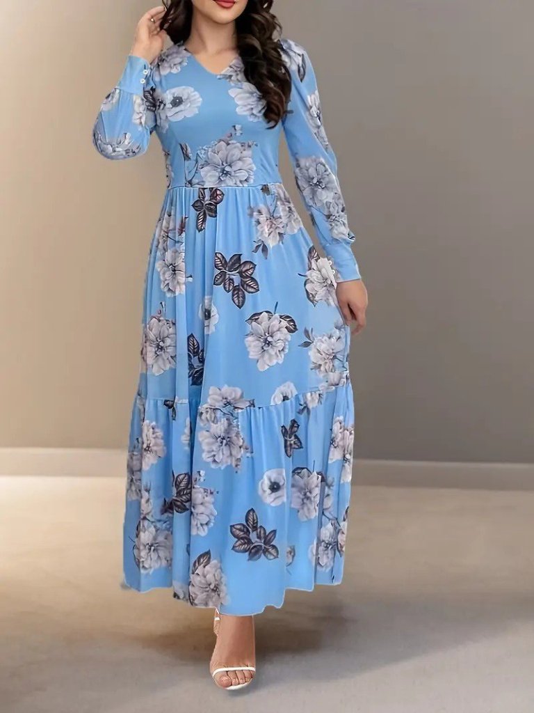 Kadın Uzun Kollu V Yakalı çiçek Desenli Maxi Süprem Elbise - Görsel 5