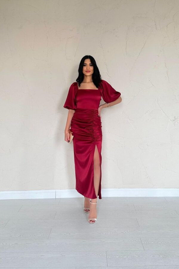 Bordo Büzgülü Saten Elbise