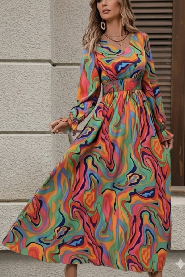 Kadın Uzun Kollu V Yakalı Desenli Maxi Süprem Elbise