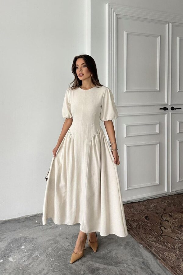 Yeşil Arkadan Bağlamalı Büzgülü Keten Elbise