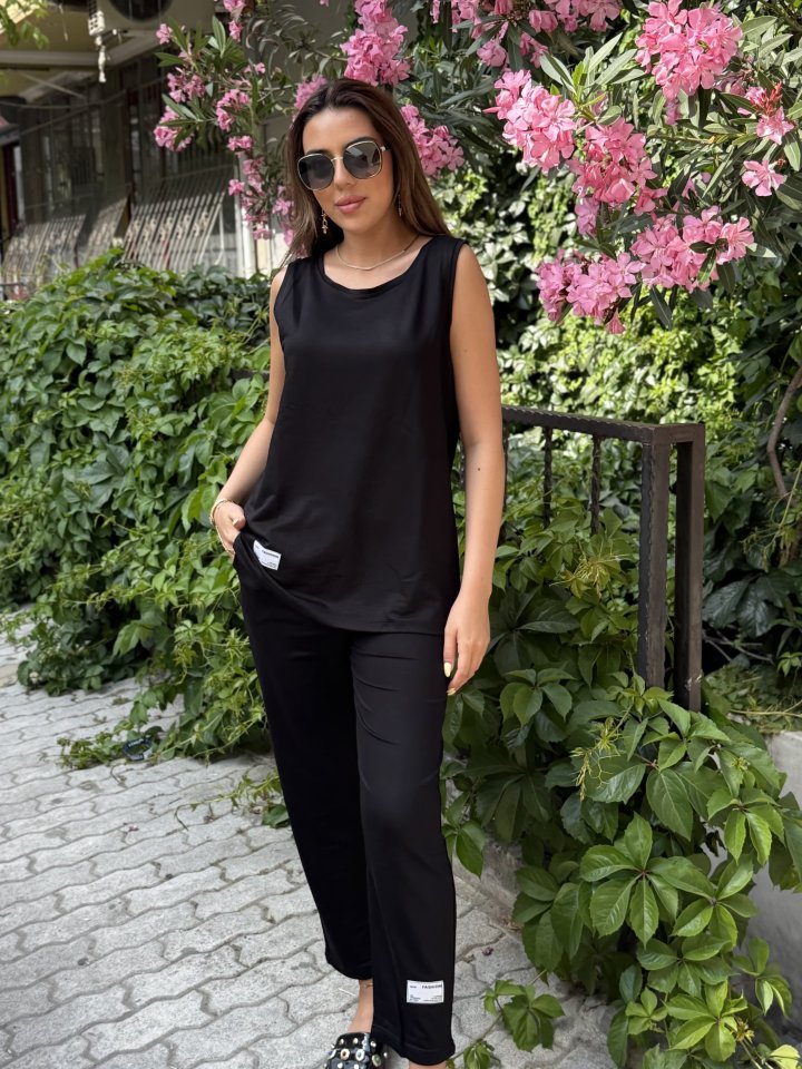 Kadın Askılı Yuvarlak Yaka Viskon Iki Iplik Bluz Ve Eşofman Altı Ikili Takım - Görsel 3