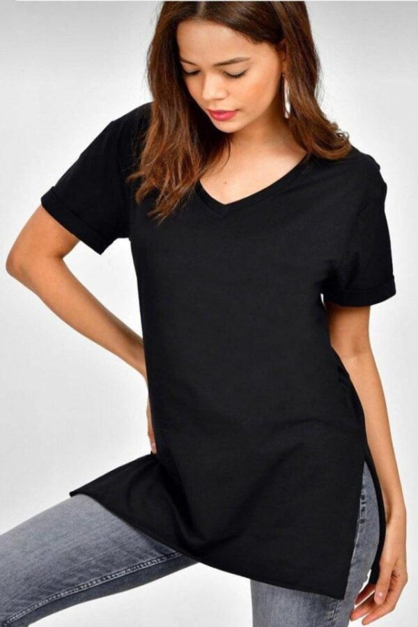 Kadın Kısa Kollu V Yaka Yanları Yırtmaç Detay Penye Bluz