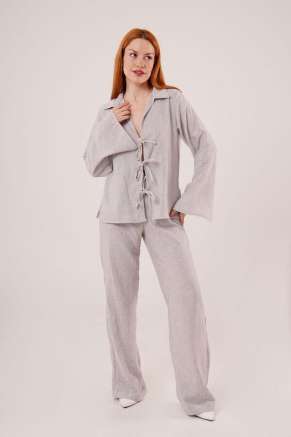 Ön Bağlama Detaylı Pantolon Ve Gömlek İndigo İkili Takım