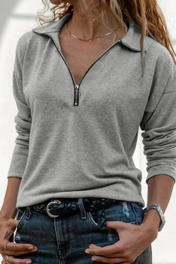 Kadın Uzun Kollu Yakalı Fermuarlı Iki Iplik Bluz